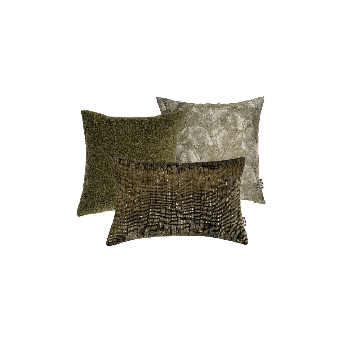 Luxe groene sierkussenset met Hailey, Mick en Mason in olijfgroene tinten, met bouclé, een botanisch dessin en verfijnde structuren van Studio Beks.