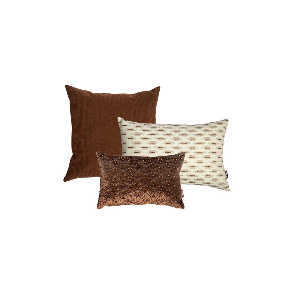 Luxe rode sierkussenset met Sef, Odin en Manou in warme roodbruine en beige tinten met verfijnde dessins van Studio Beks.