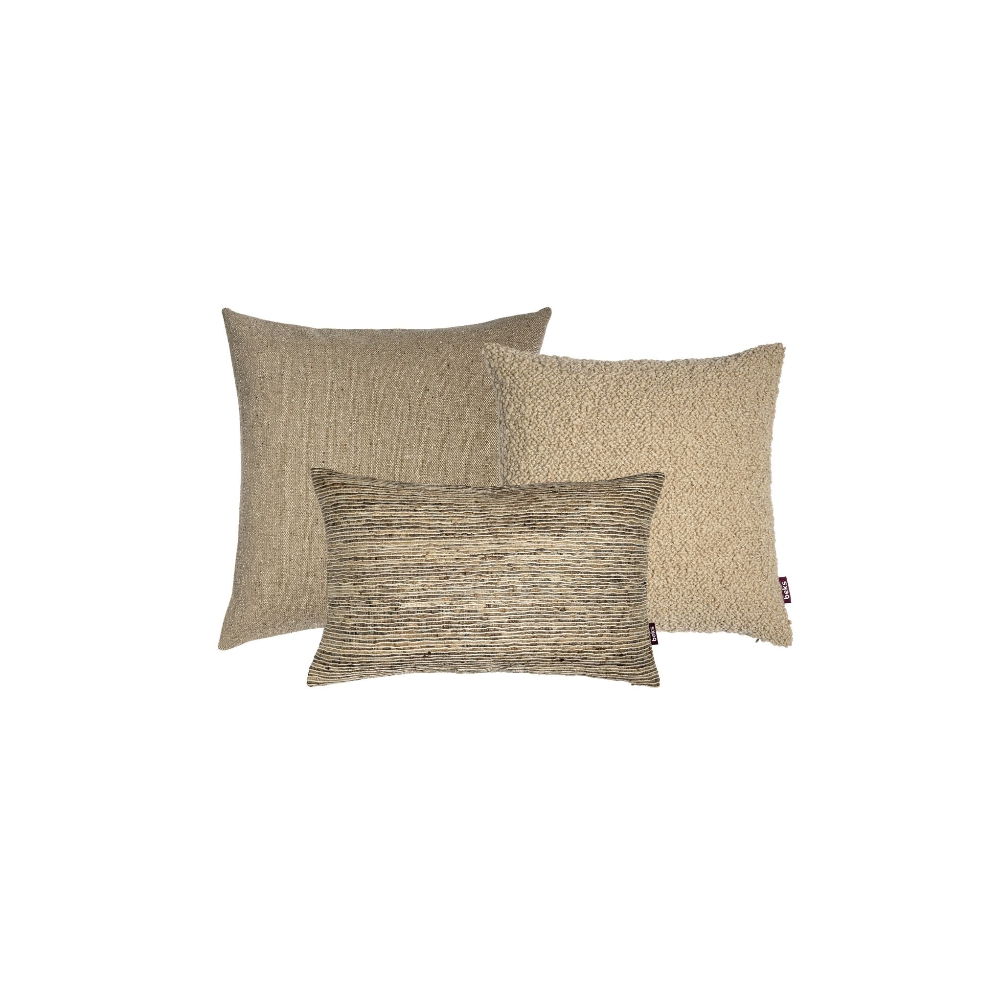 Luxe sierkussenset met taupe- en beigetinten bestaande uit Noud, Boris en Tjeu van Studio Beks.