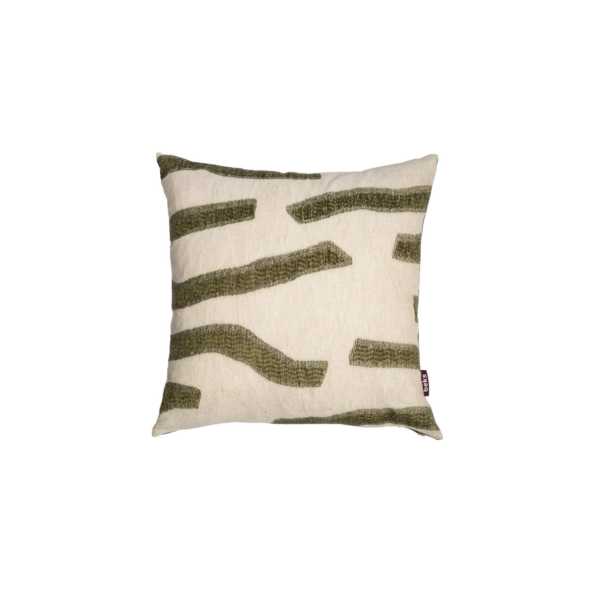 ierkant groen sierkussen Mylo 45x45 cm met abstract olijfgroen chenille patroon op naturel beige basis, Studio Beks