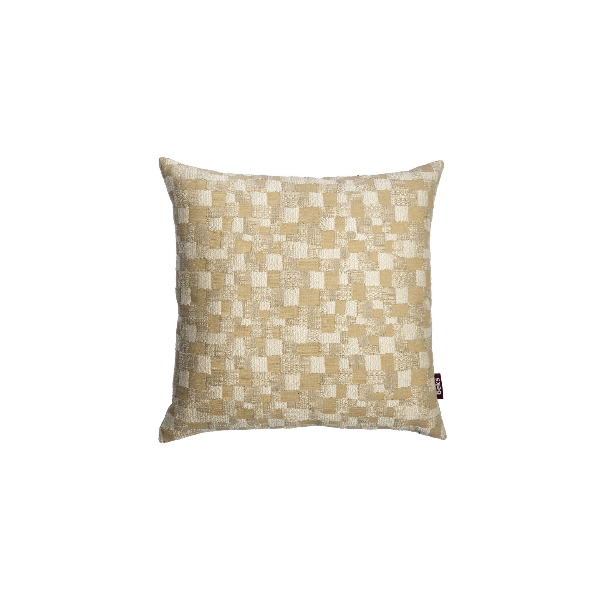 Vierkant wit sierkussen Rover 45x45 cm met geweven schaakbordpatroon in zand en gebroken wit, Studio Beks