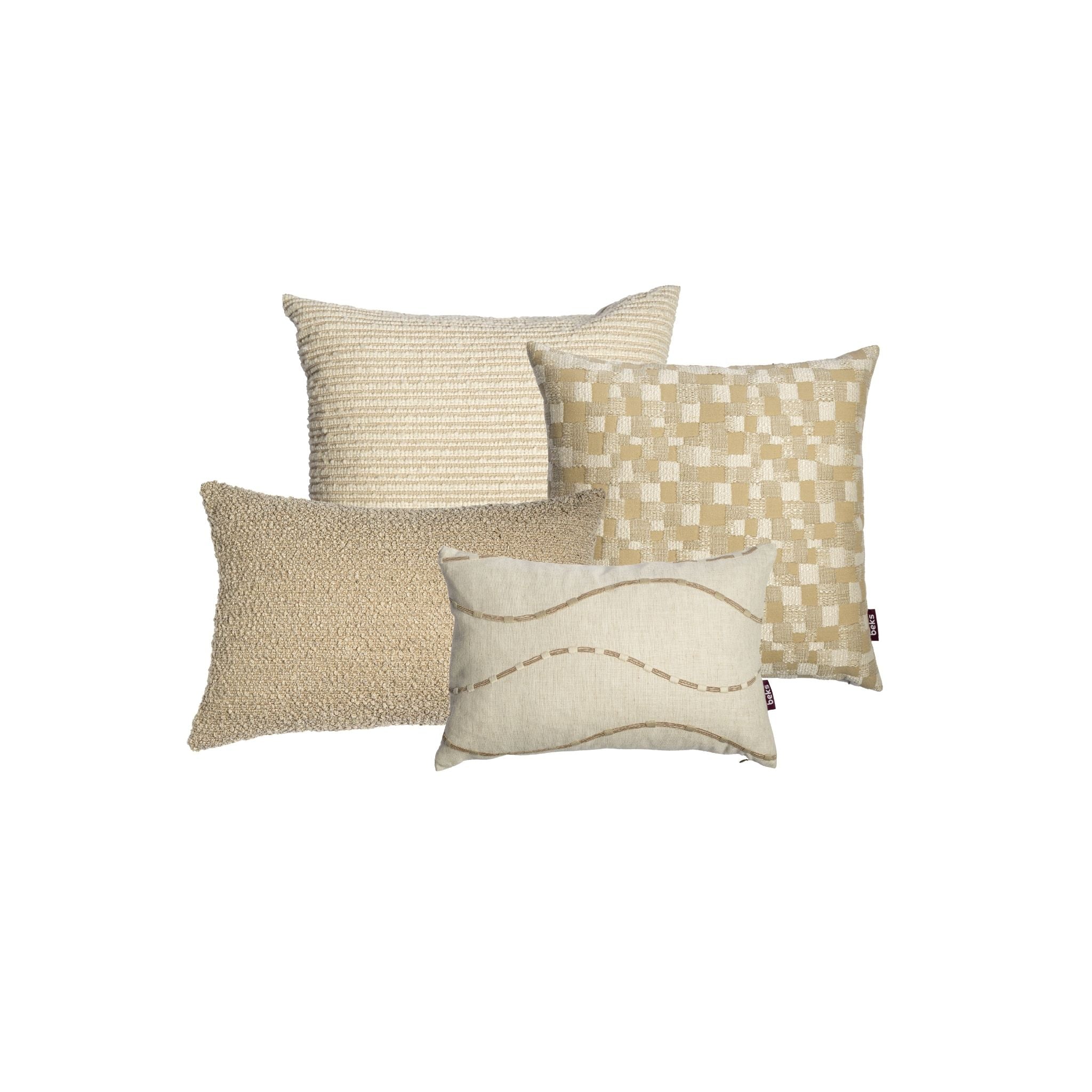 Luxe offwhite sierkussenset met Noah, Rover, Billie en Nowi in offwhite-, crème- en beigetinten op een stijlvolle bank.