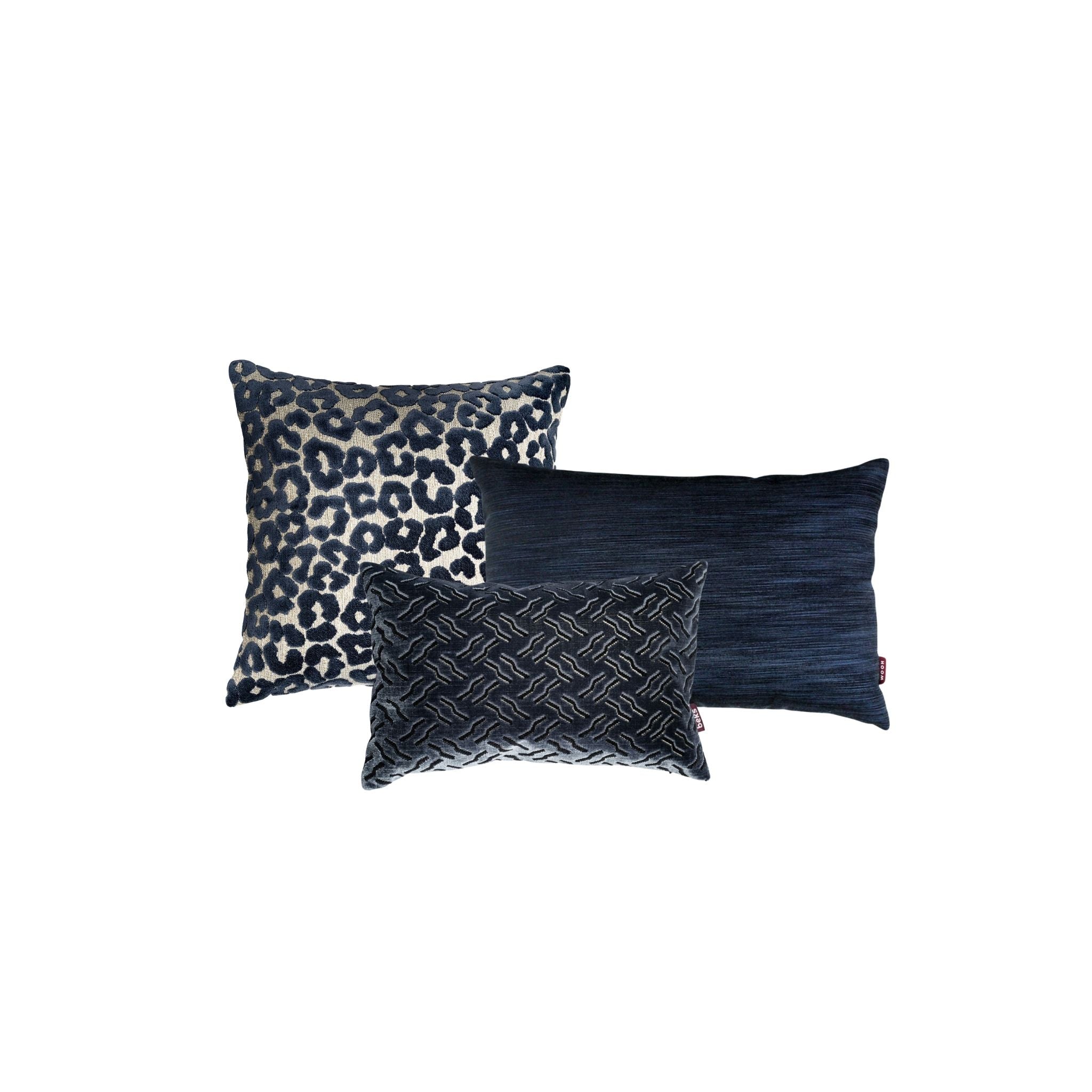 Luxe blauwe sierkussenset met Mae, Moos en Theo van Studio Beks.