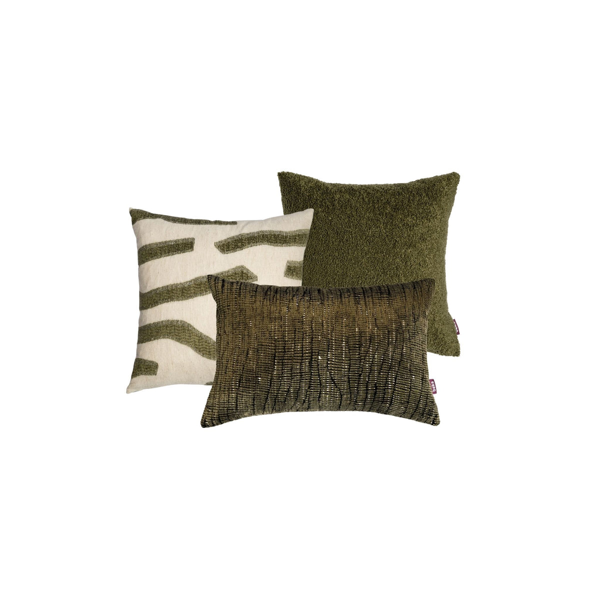 Luxe groene sierkussenset met Mick, Mylo en Mason in olijfgroen en crème, met een grafisch dessin en rijke structuren van Studio Beks.