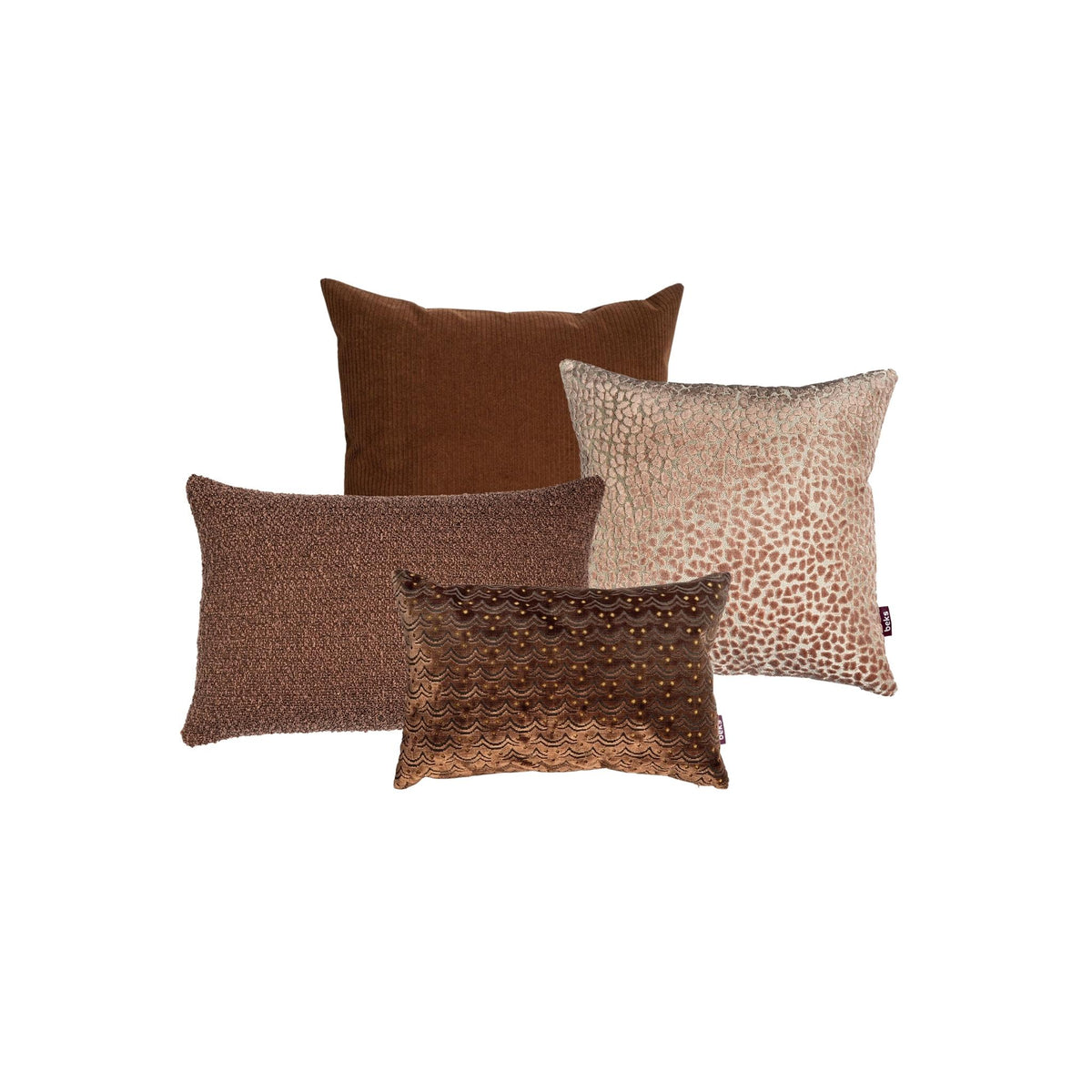 Luxe sierkussenset met Sef, Lexi, Mason, Bowi en Manou in warme rood-, roze- en auberginetinten van Studio Beks.